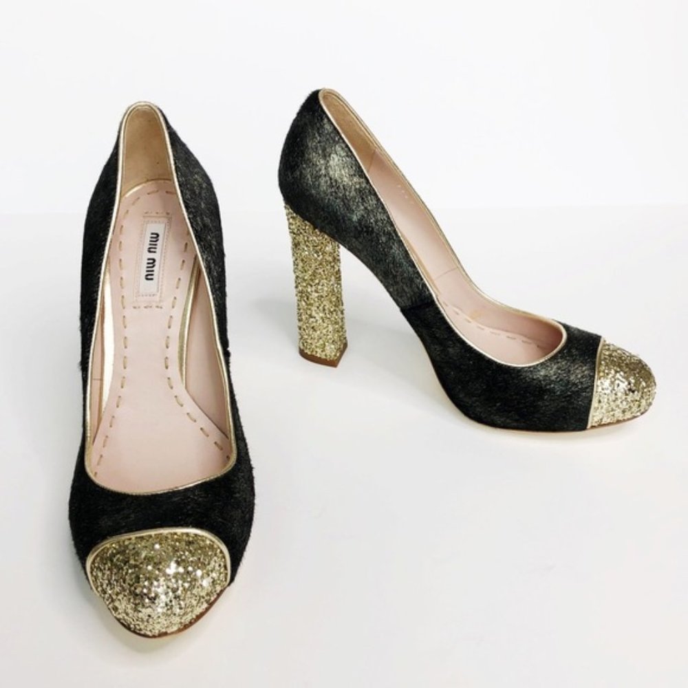 MIU MIU Gold Glitter & Calf Hair Pump Heels 8.5